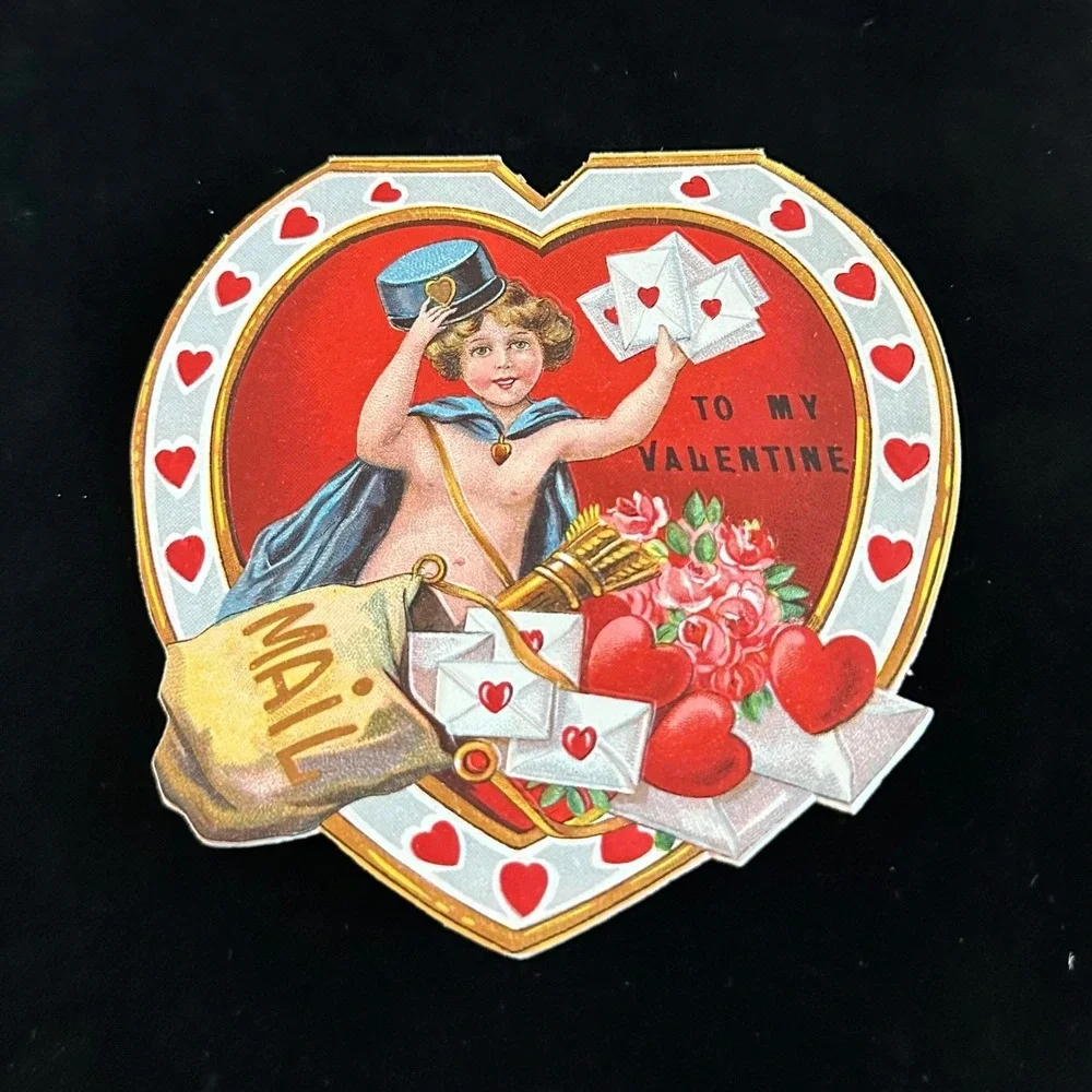 Antique 1925 Valentines Day Paper Card Cupid Hearts Mail Bag of Cards Die Cut